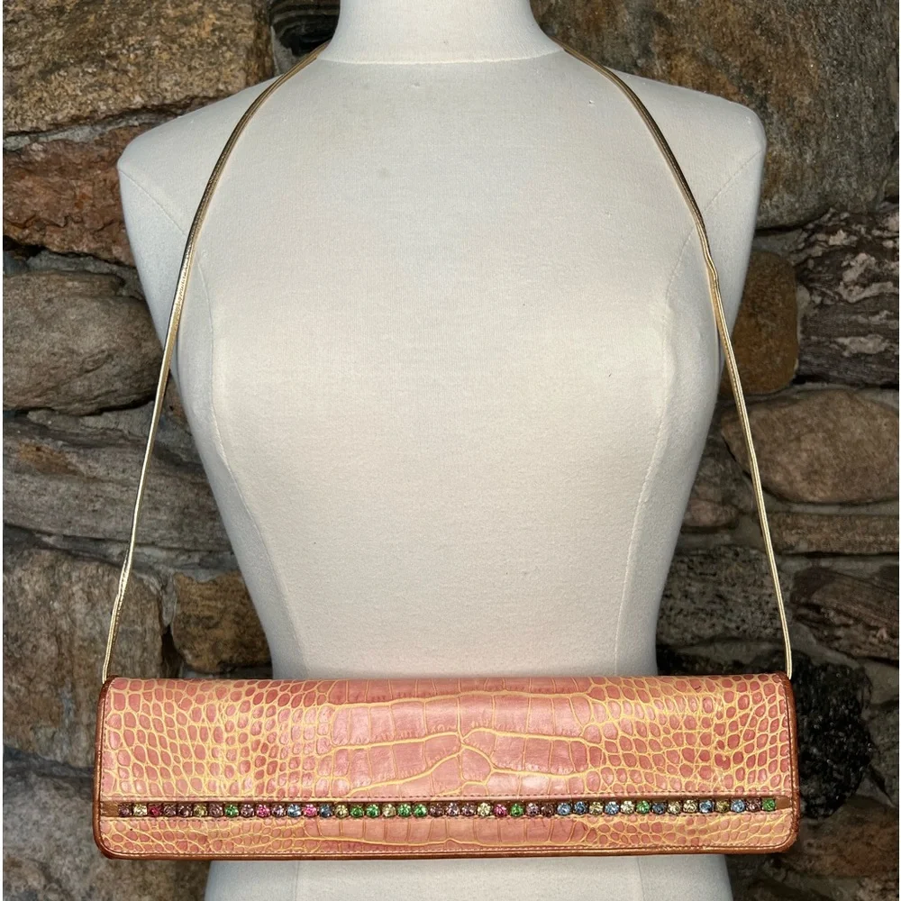 Extremely Rare Carlos Falchi Rose Croco Leather clutch w Rhinestones inlay Y2K - Picture 7 of 7
